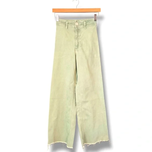 Zara Light Green High Waist Flare Leg Raw Hem Stretch Denim Jeans Size 0 - Picture 2 of 6